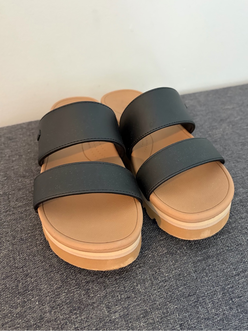 Reef Black Double-Strap Platform Slide Sandals with Tan Footbed